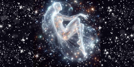 Eine Frau die durchsichtig ist schwimmt wie ein Embryo im glitzernden Kosmos