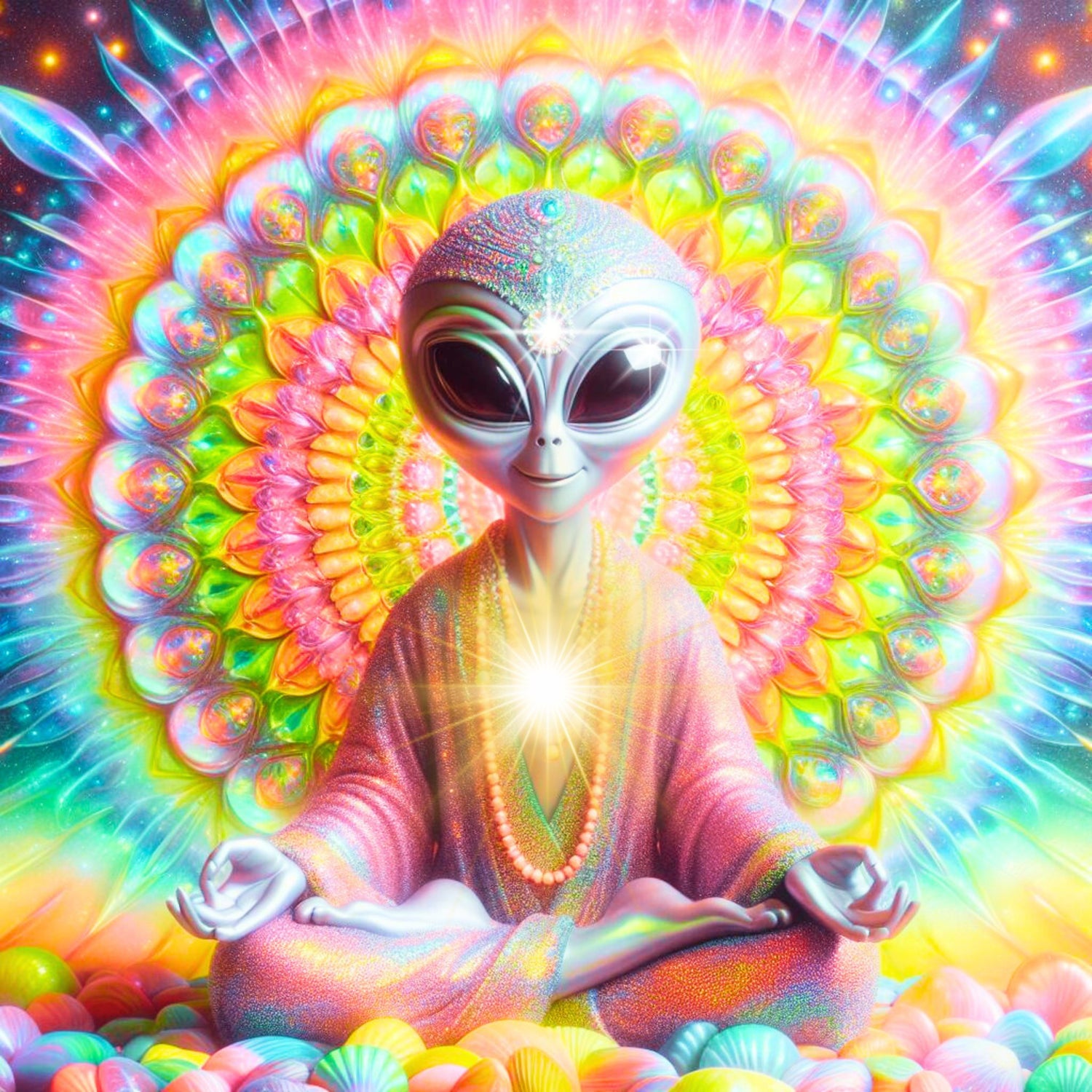 Alien vor einem regenbogenfarbenen mandala