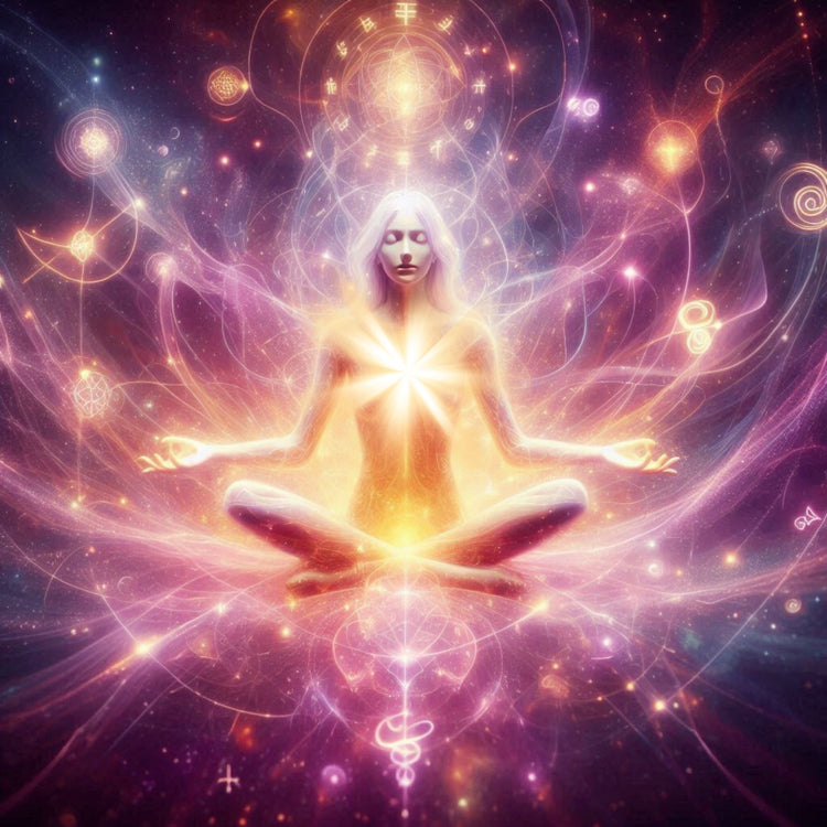 Alien vor einem regenbogenfarbenen mandala