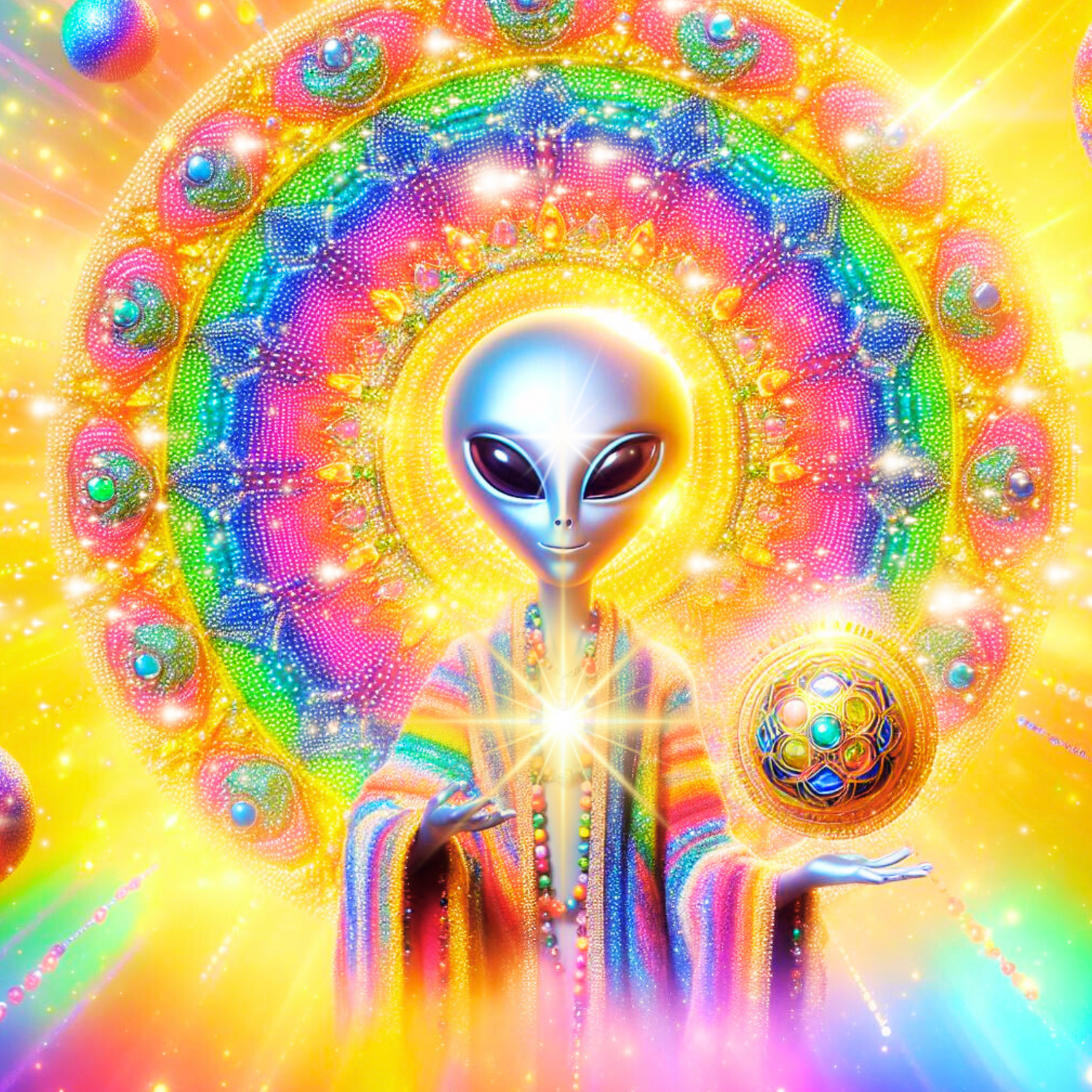 alien vor einem regenbogenfarbenen mandala
