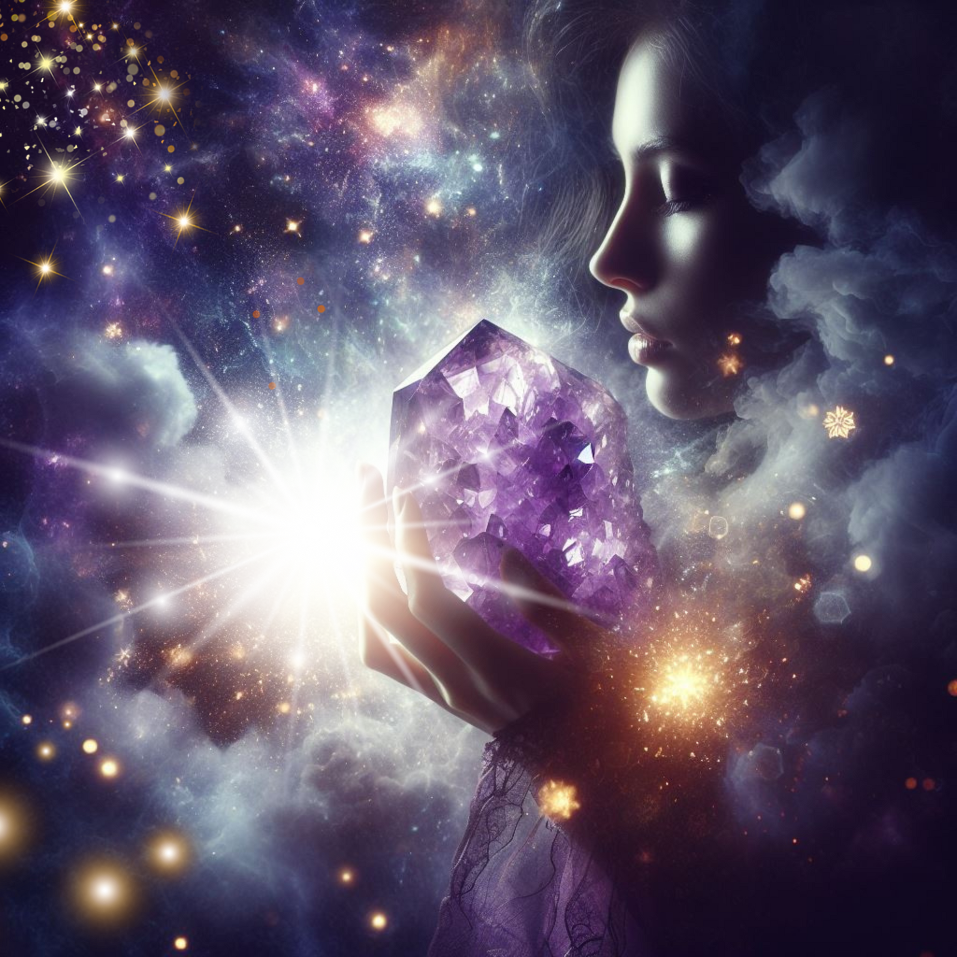 Frau hält amethyst in ihrer Hand. Hinter ihr der Kosmos mit funkelnden Sternen.