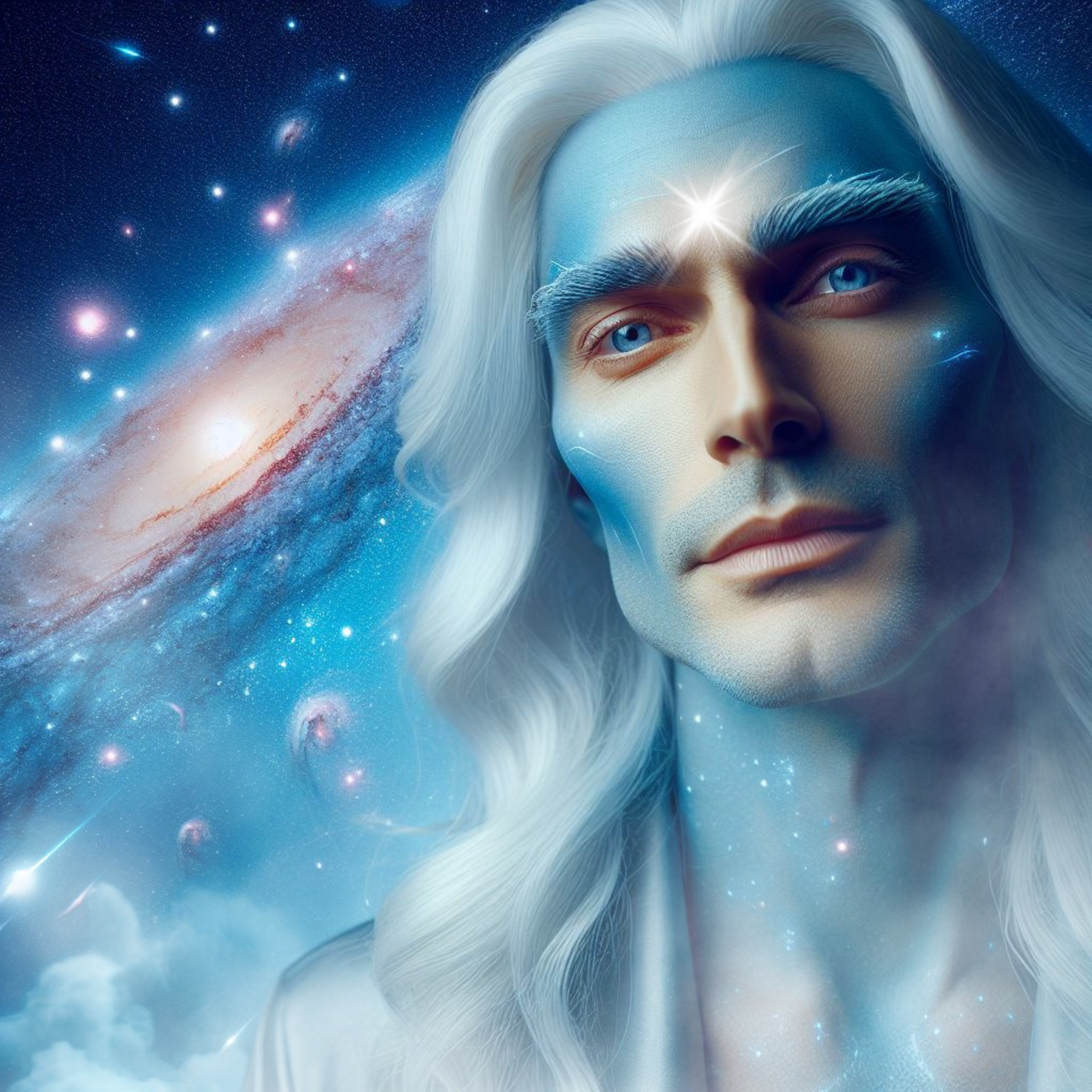 Mann mit hellblauer Haut und weißen Haaren. Er ist vom Andromeda Sternsystem.