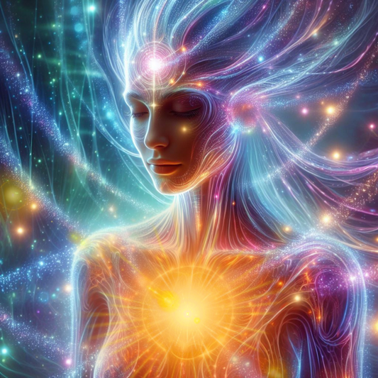 Frau deren Herz Chakra golden leuchtet.