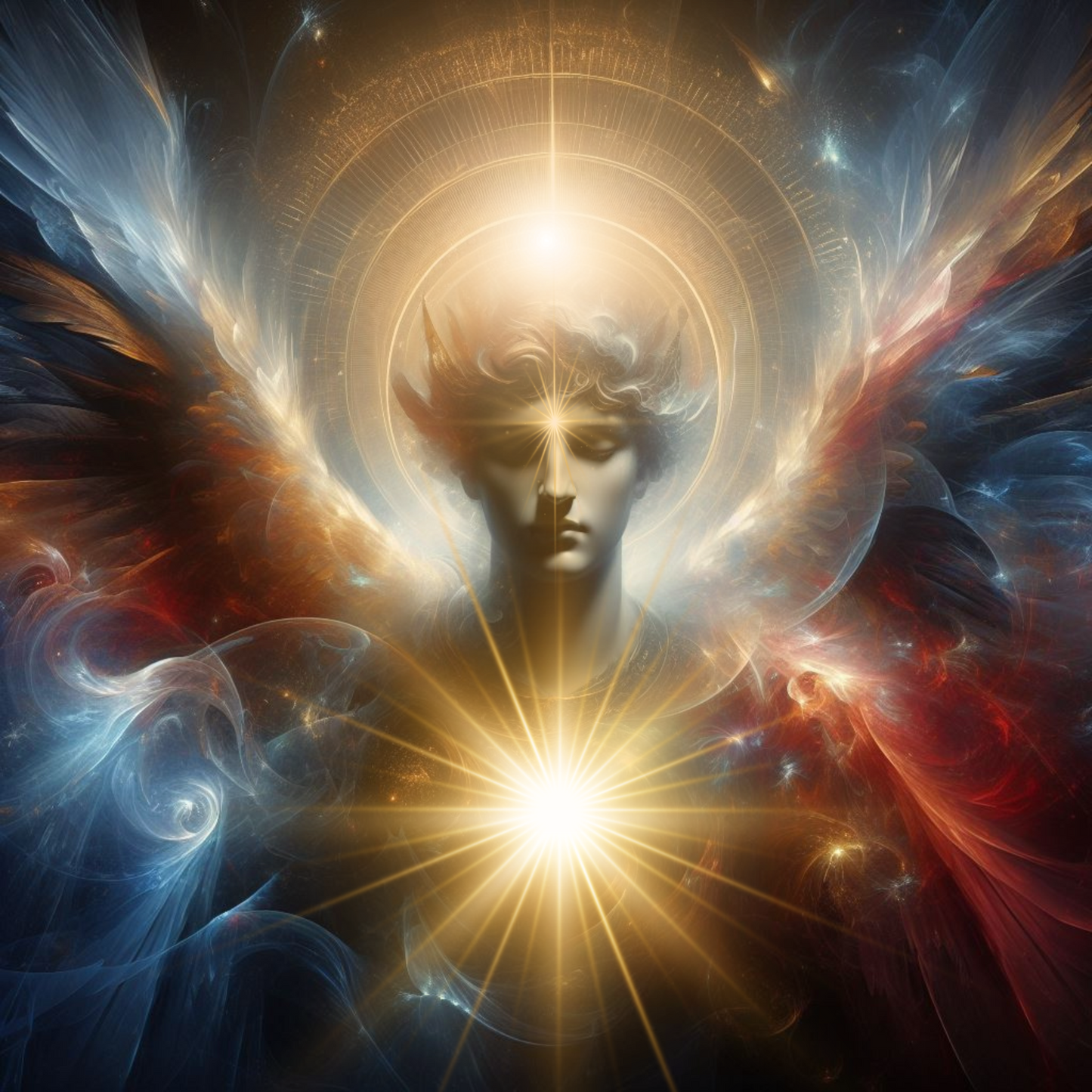 Erzengel Michael. Sein Herzchakra leuchtet golden.