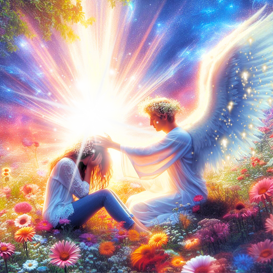 Engel der eine frau auf einer blumenwiese gegen mobbing tröstet