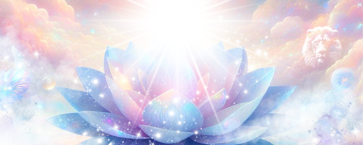 Ein pastellfarbener Lotus im Weltall wird von weißem Licht durchstrahlt, er funkelt und glitzert.