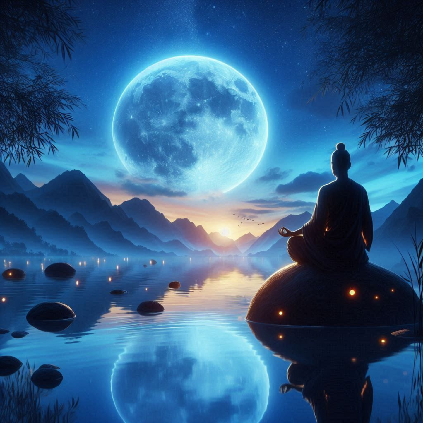 Vollmond über einem See, ein meditierender Mönch