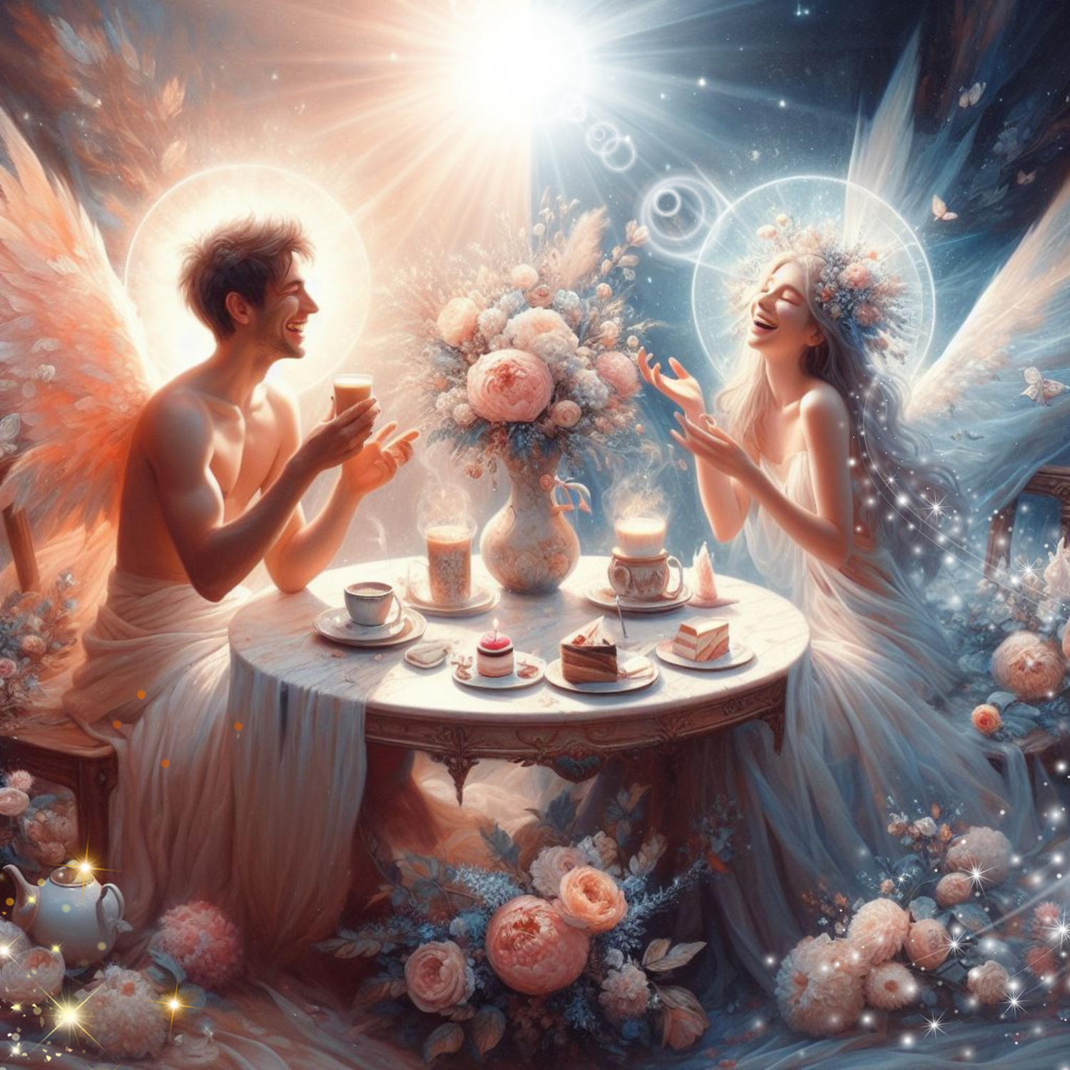 zwei Engel haben ein Rendezvous und sitzen bei Kaffee und Kuchen.