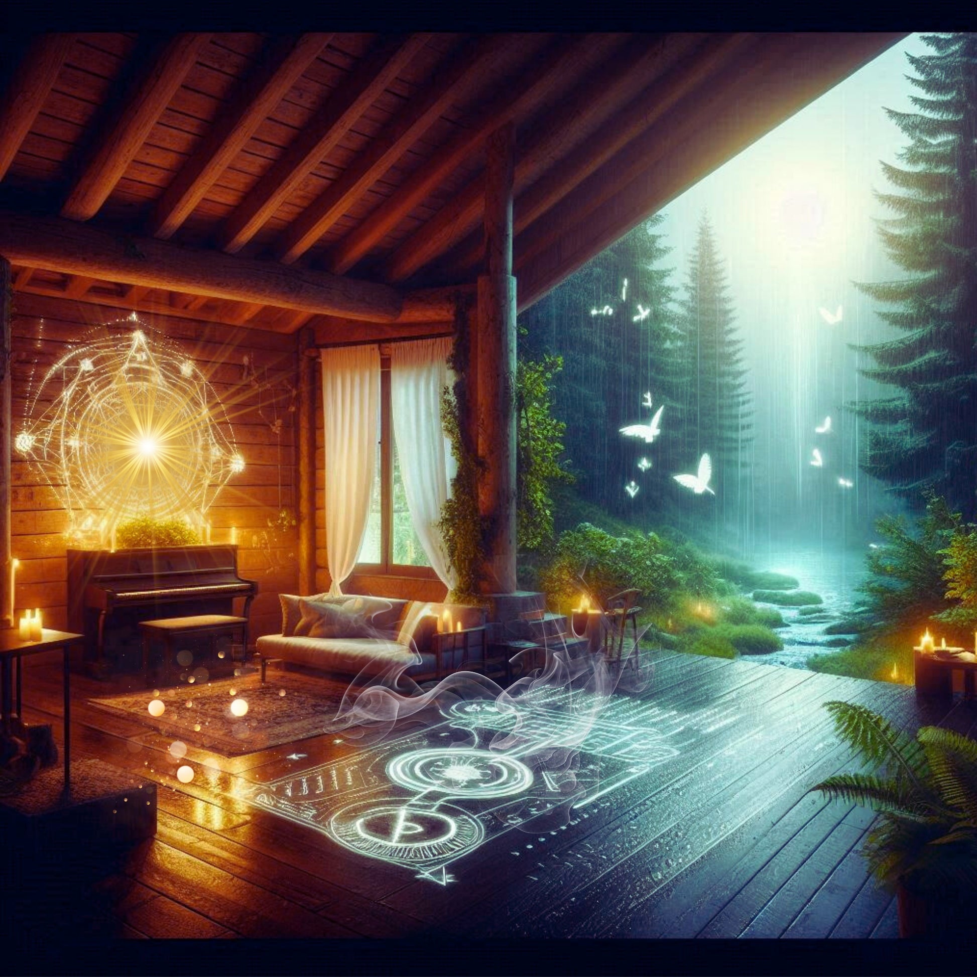 hütte mit Schutz Symbolen in einem wald