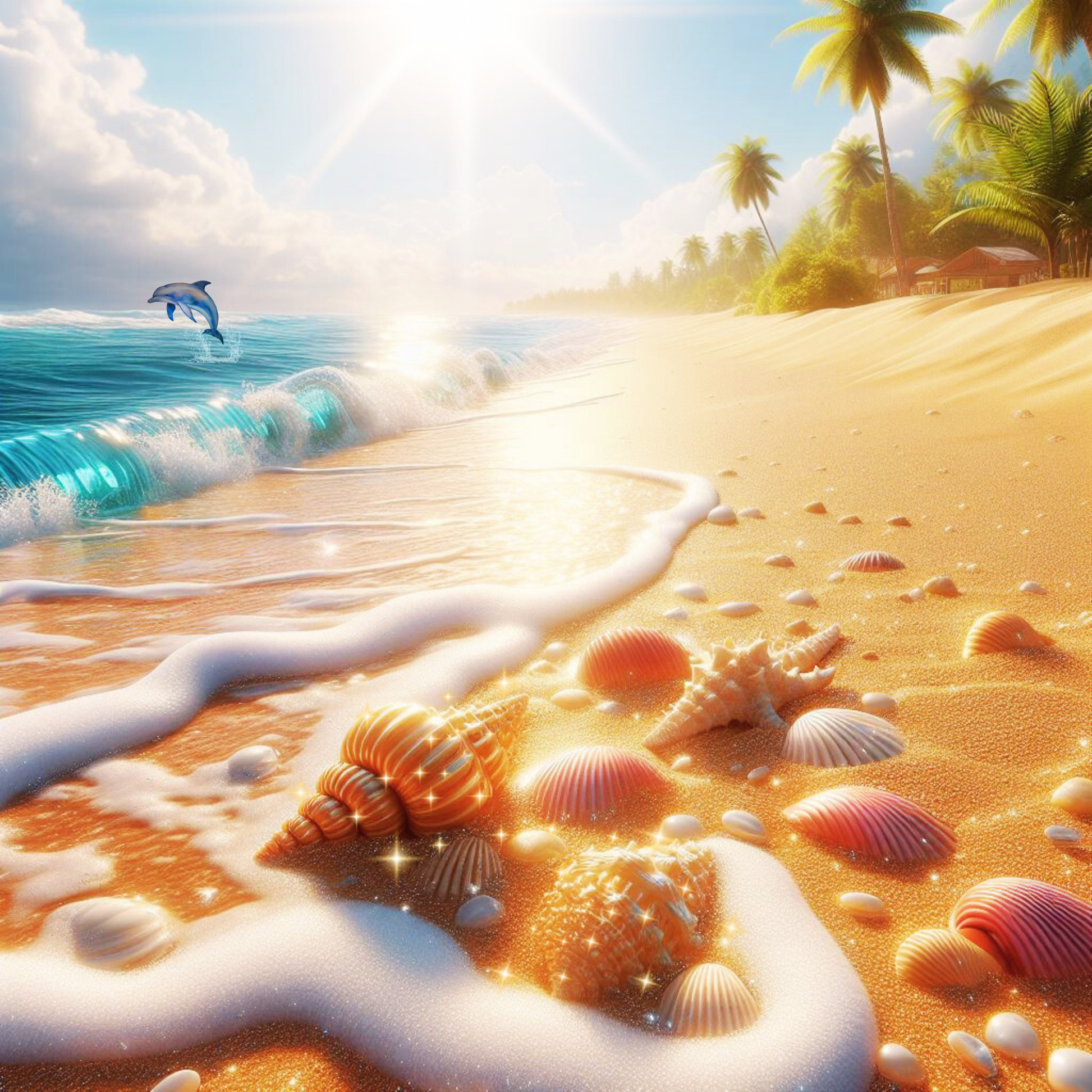 Ein glitzernder Sandstrand mit Palmen, ein Delphin springt aus dem Wasser, Palmen