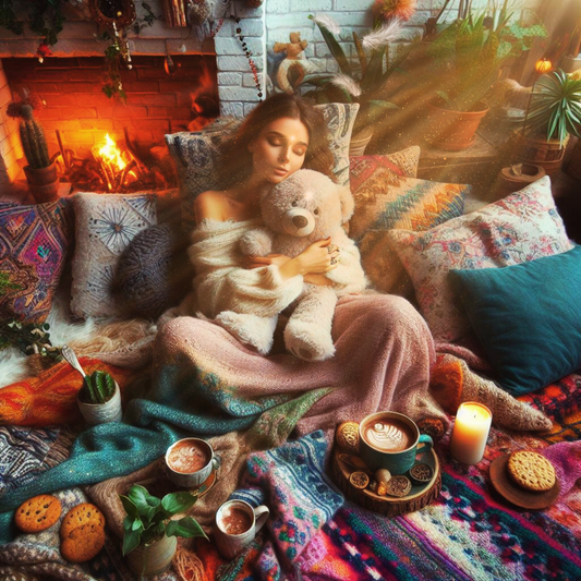 Frau knuddelt Teddybär. Sie sitzt auf Bohemian Decken und trinkt Cappuccino