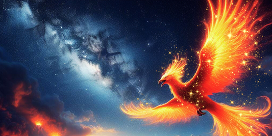 Ein Phoenix mit Flügel aus Feuer schwebt in den sternenklaren Nachthimmel