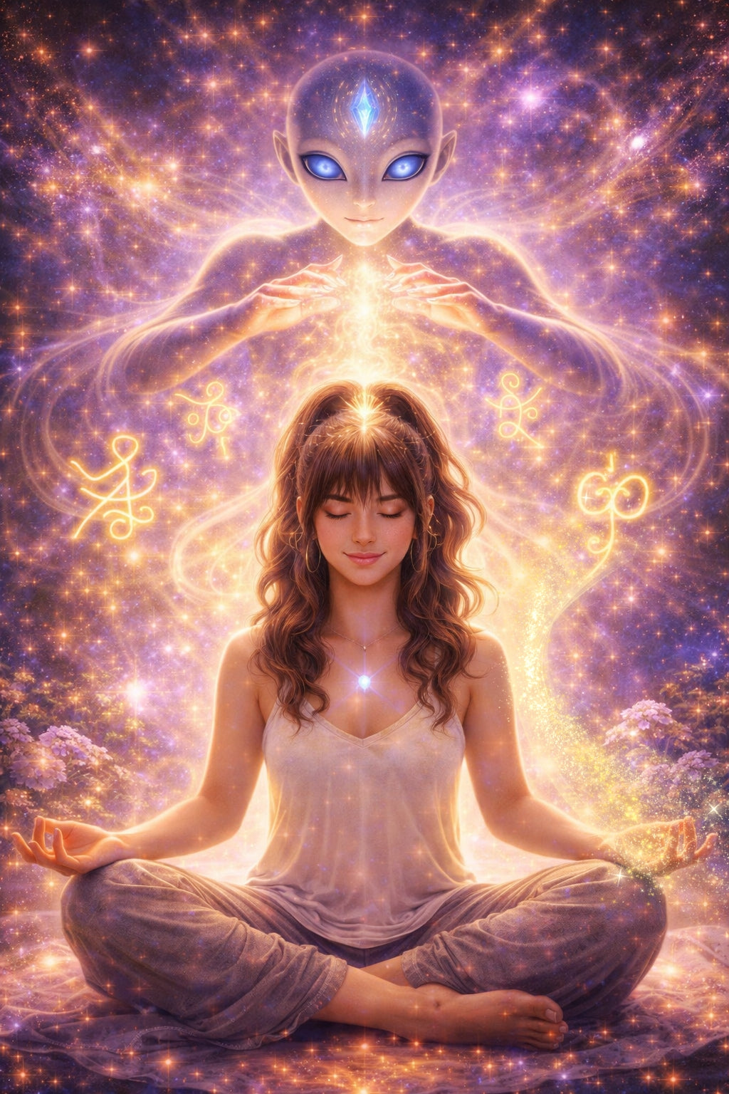 Eine Frau in Regenbogenfarben in glitzerndem Universum