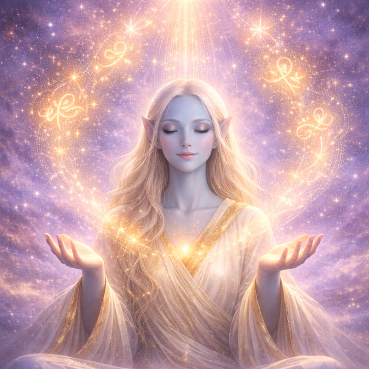 Eine Frau in Regenbogenfarben in glitzerndem Universum