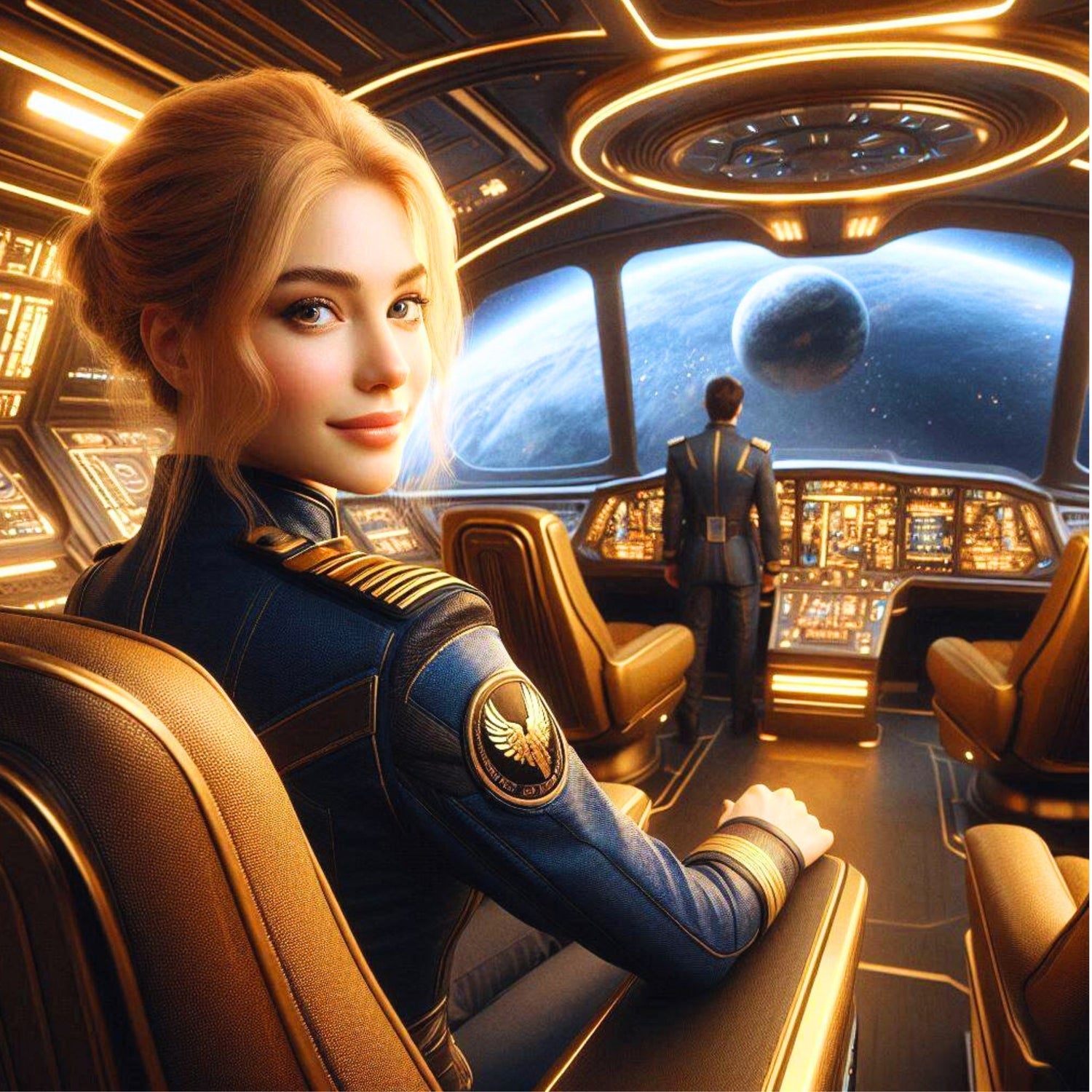 Eine Pleiadianische Außerirdische in einem goldenen Raumschiff