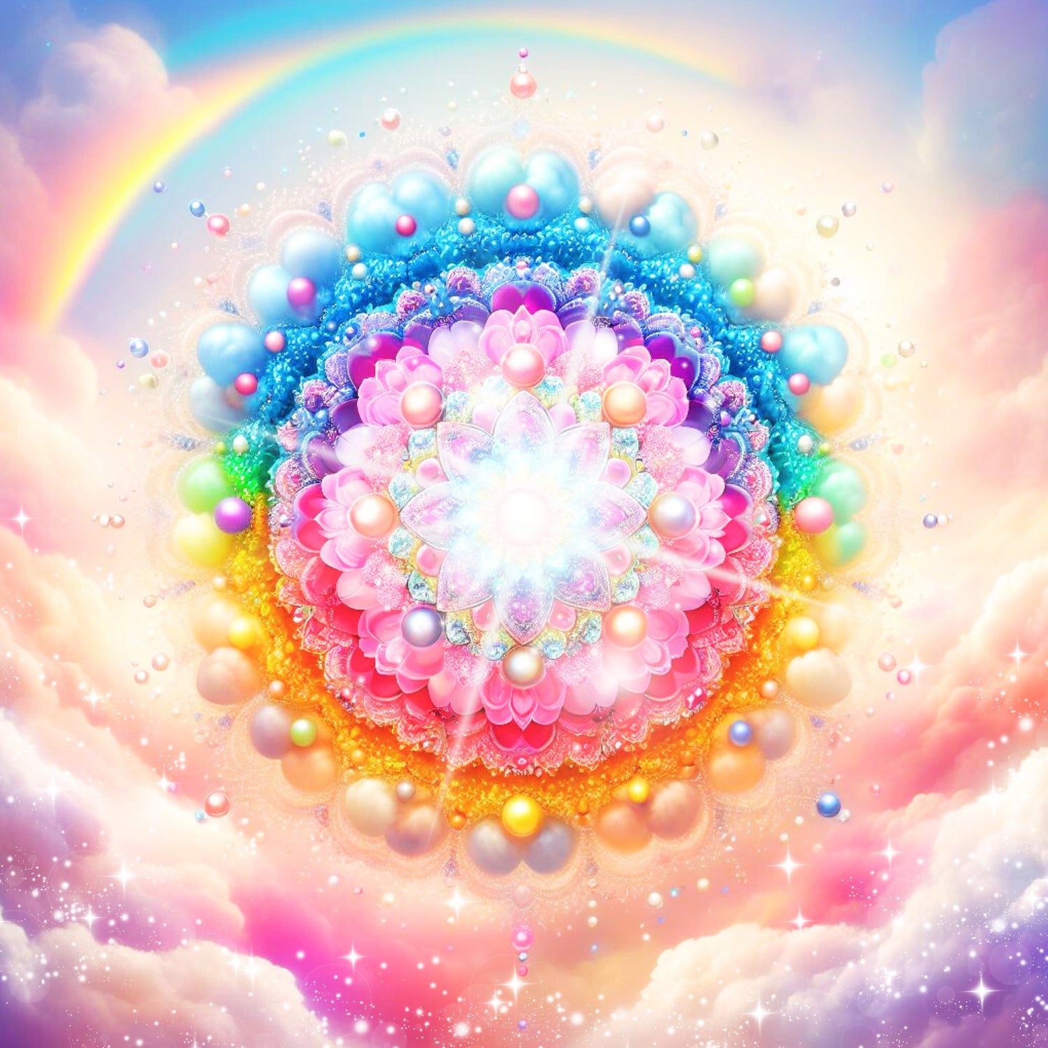 Buntes Mandala in wolken mit einem regenbogen