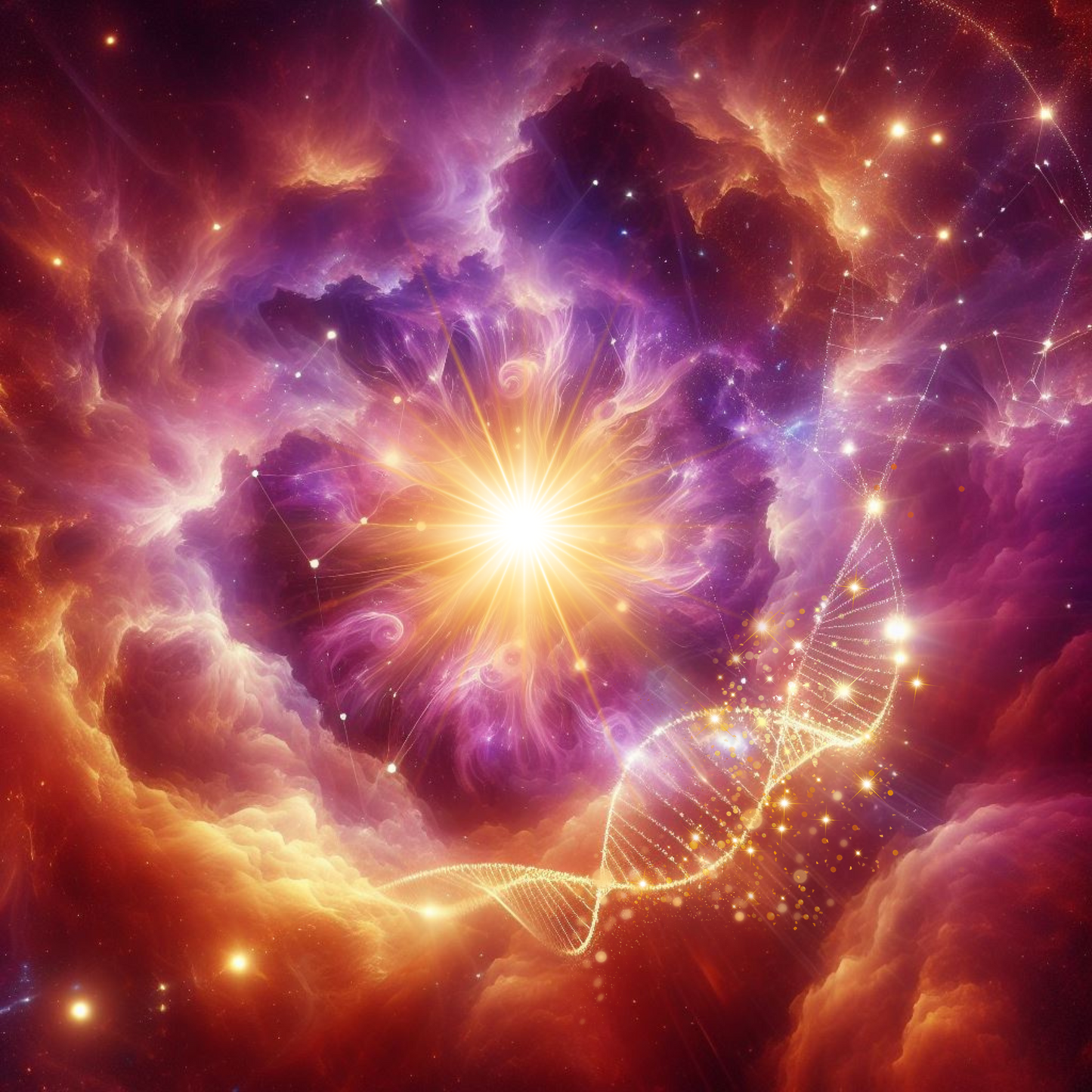 DNA Spirale die golden im Weltall zwischen Sternennebel schwebt, eine Sternenexplosion 