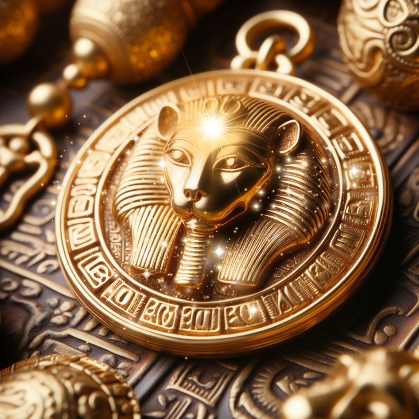 Ein ägyptisches goldenes Amulett mit Sekhmet, es glitzert auf einem Altar