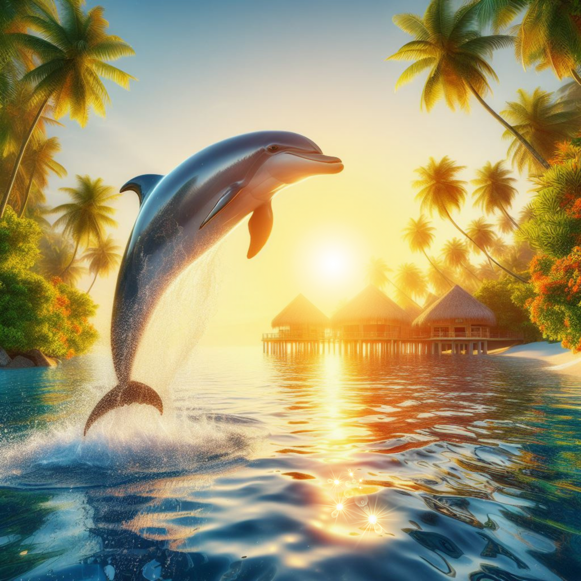 Delphin springt aus dem Wasser einer tropischen Insel bei Sonnenuntergang.