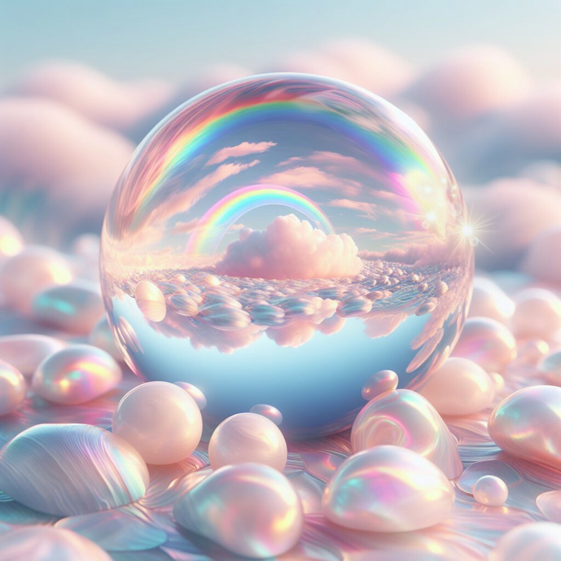 Tisch mit perlmutt Wassertropfen. Eine Kugel in der sich zwei Regenbögen spiegeln auf rosa Wolken.