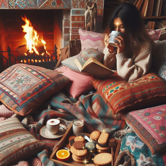 Frau liest ein Buch. Kekse und Kaffee auf einem Tablett. Umringt von Kissen im Bohemian Stile.
