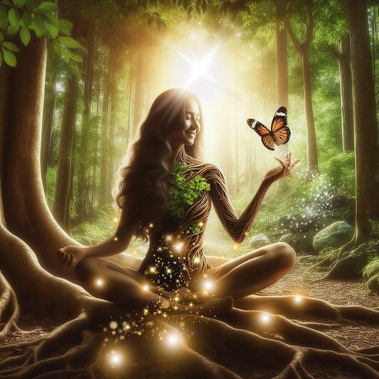 Mutter Gaia, Frau die aus Wurzen und Moos besteht hält einen Schmetterling.