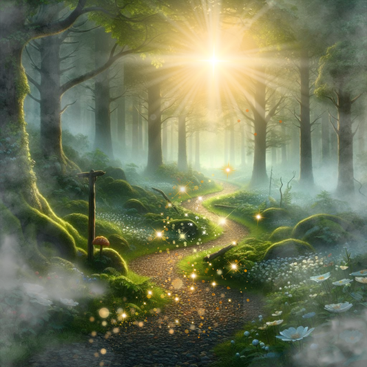 Nebliger Pfad im Wald, die Sonne bricht durch die dunklen Äste, ein glitzernder Weg.