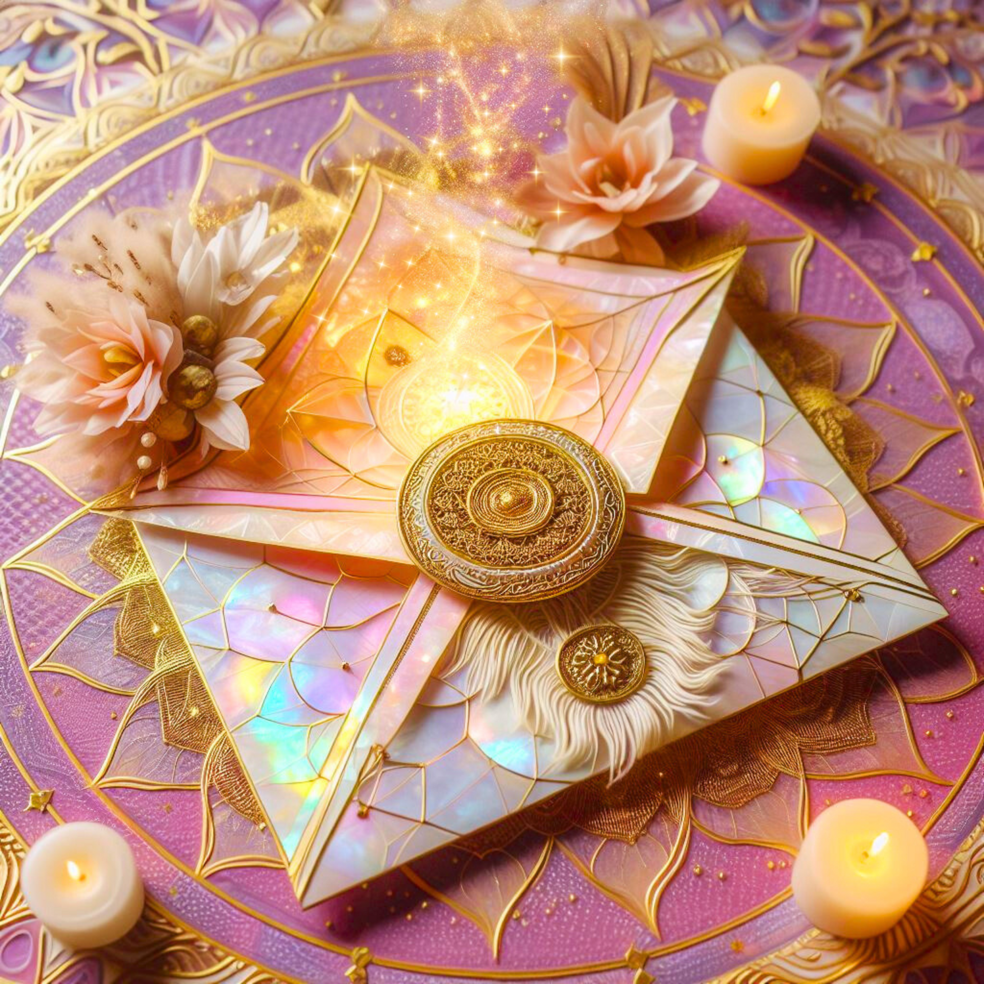 Ein Perlmutt Briefumschlag mit einem goldenen Amulett. Kerzen. Er liegt auf einem Mandala.
