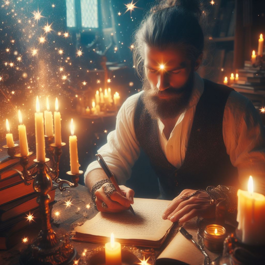 Mann in einer mittelalterlichen Schreibstube, umringt von Kerzen. Er schreibt in einem Buch.