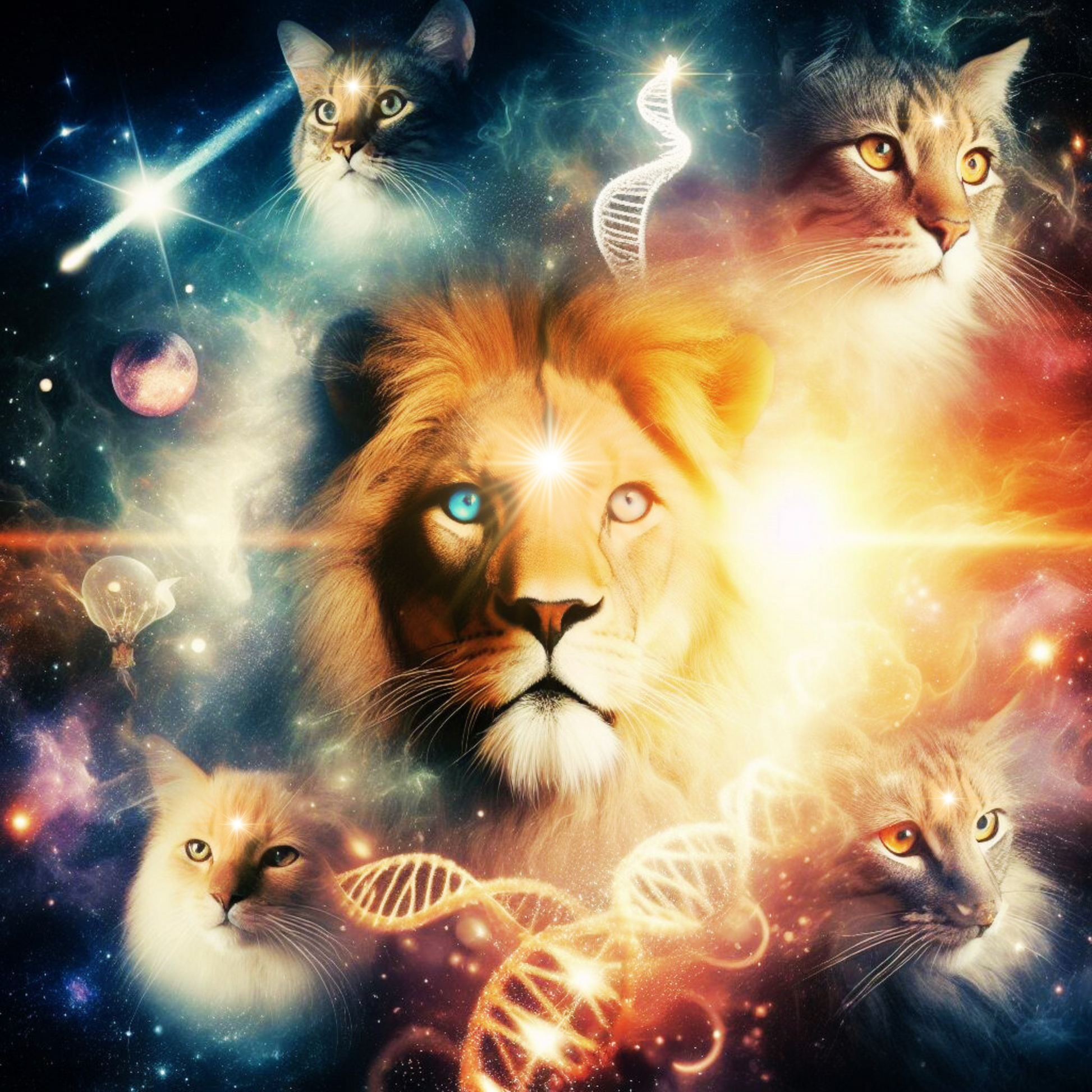 DNA Stränge, Katzen und ein Löwe mit zwei verschiedenen Augenfarben schweben im Kosmos.