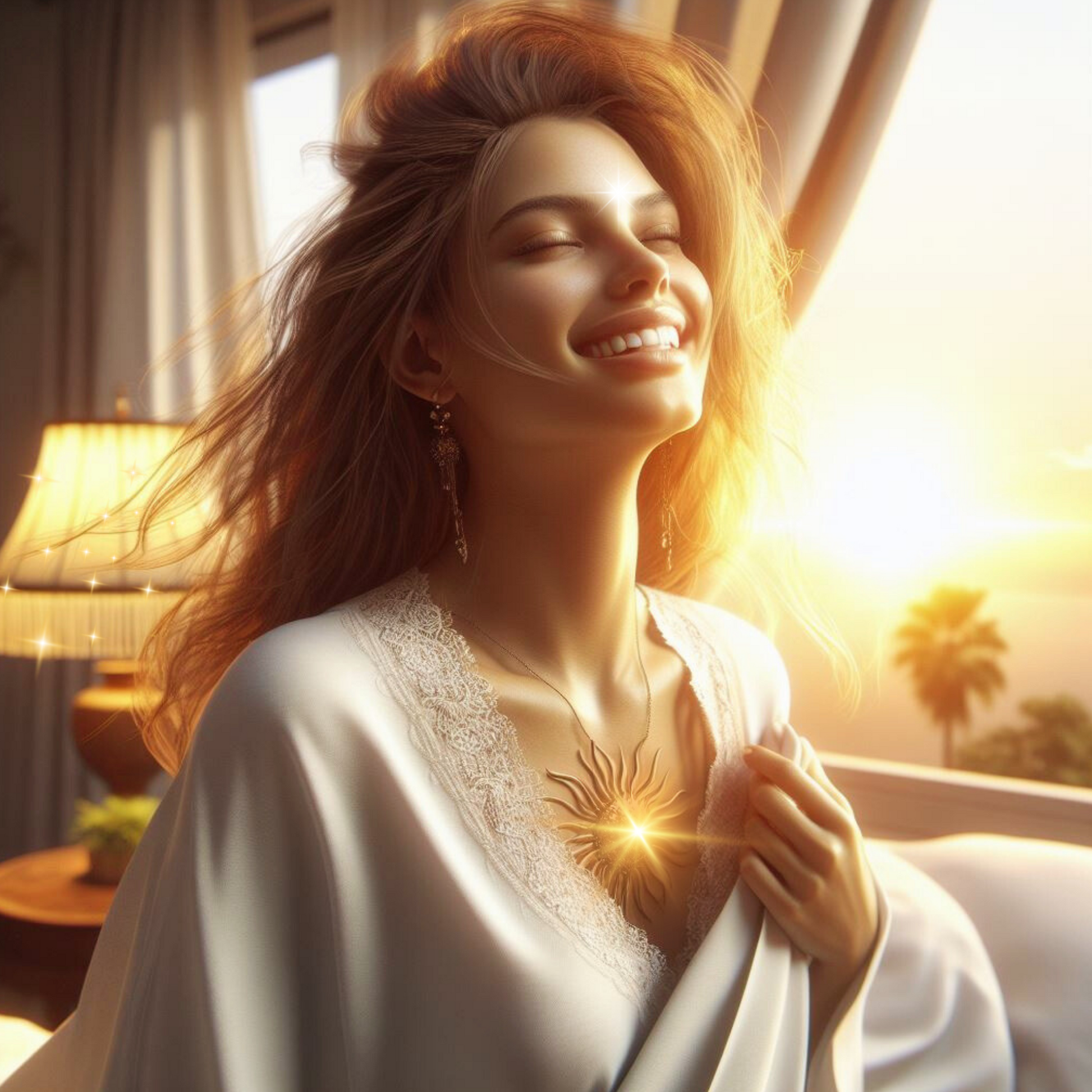 Eine Frau mit Schlafanzug lächelt in der Morgensonne, sie trägt ein goldenes Amulett.