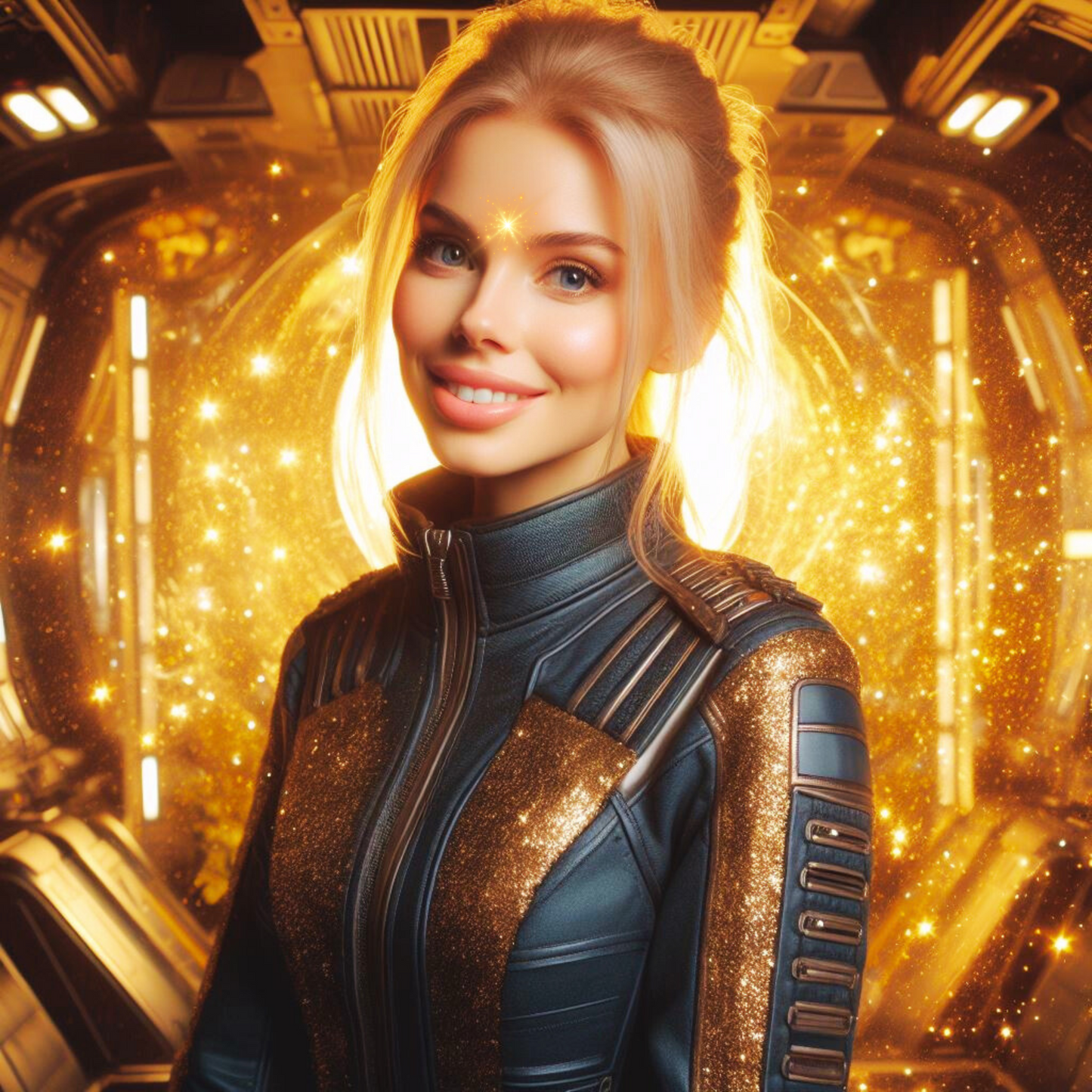 Eine nordische Pleiadianische Alien Frau in einem glitzernden Raumschiff. Sie lächelt
