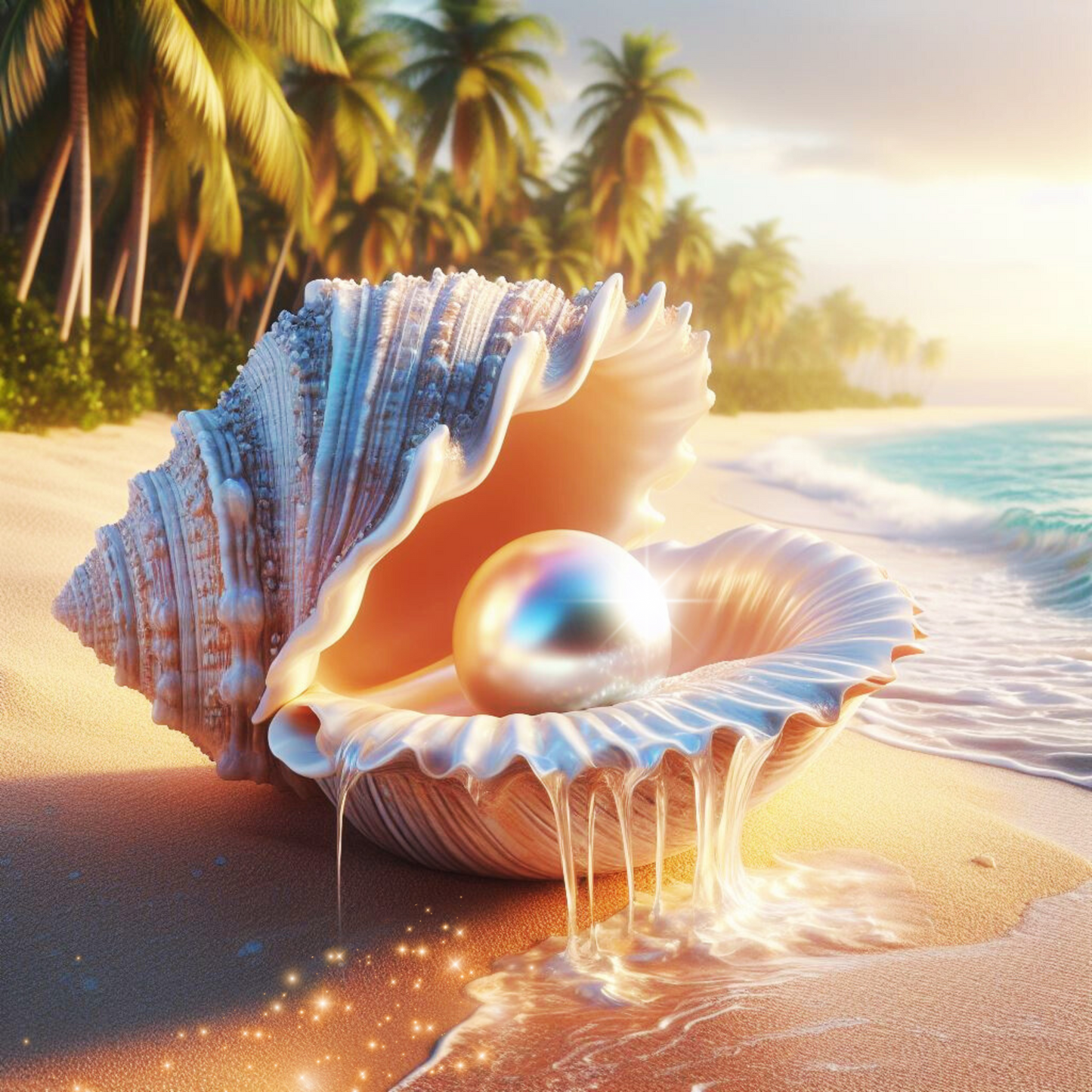 Muschel die eine Perle in sich trägt, aus ihr läuft Wasser. Sie liegt an einem tropischen Strand.