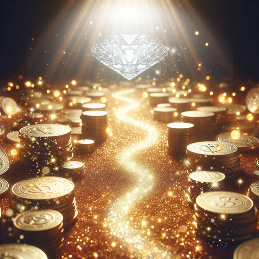 Straße aus Goldmünzen führt zu einem Diamanten der im Licht glitzert.