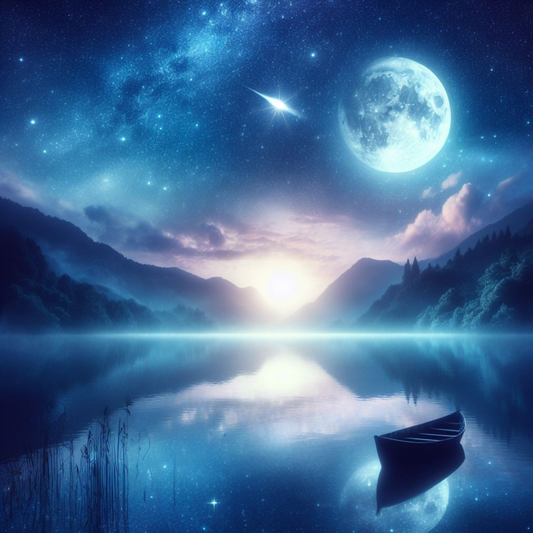Boot auf einem stillen See, der Vollmond scheint auf die Wasseroberfläche, eine Sternschnuppe.