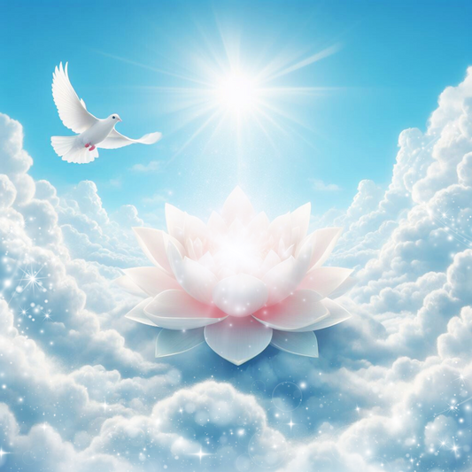 Ein weißer Lotus der in Wolken schwebt, über ihm eine weiße Taube und eine weiße Sonne
