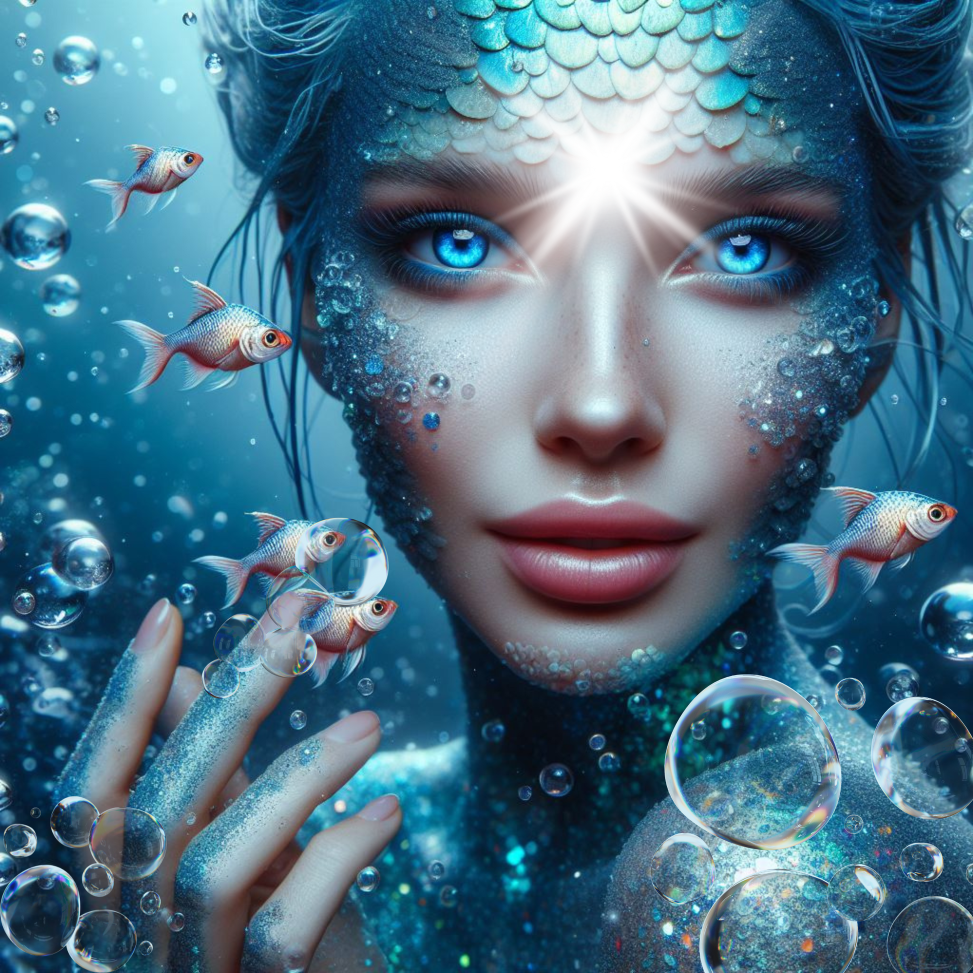 Meerjungfrau aus dem Sirius Sternsystem. Wasserblasen und Fische.