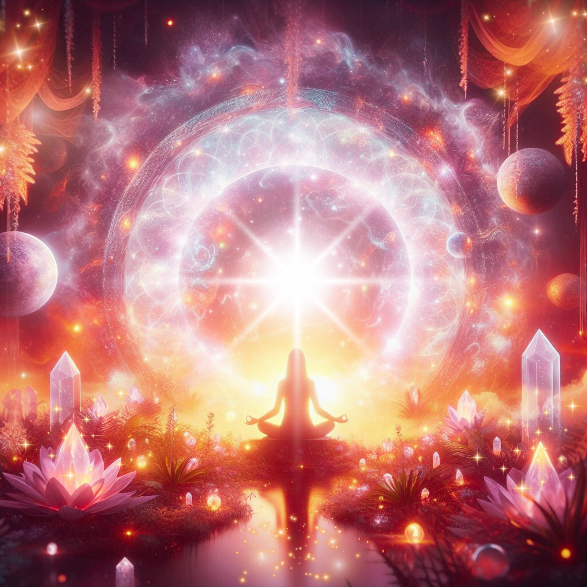 Ein Sternen Portal. Eine Frau meditiert davor, um sie herum Kristalle und Heilsteine.