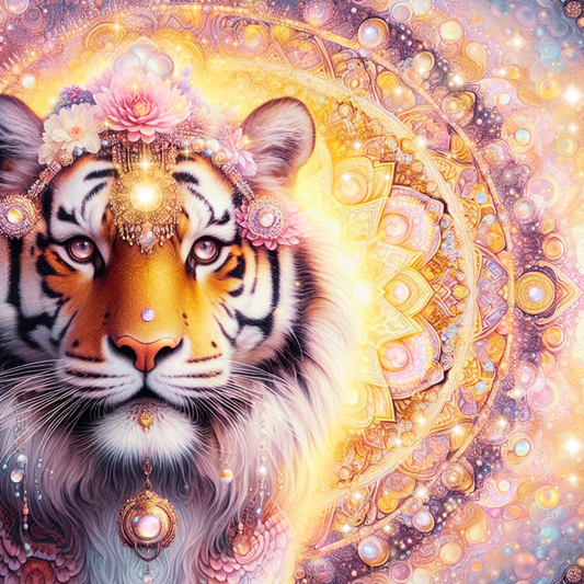 Tiger mit violettem Fell und einem Lotus auf dem Kopf, ein golden, violettes Mandala im Hintergrund.