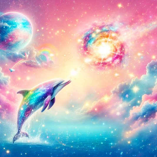 Delphin schwimmt im regenbogen Kosmos