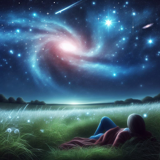 Die Milchstraße, ein Komet und Andromeda Galaxie. Eine Frau schaut zu den Sternen.