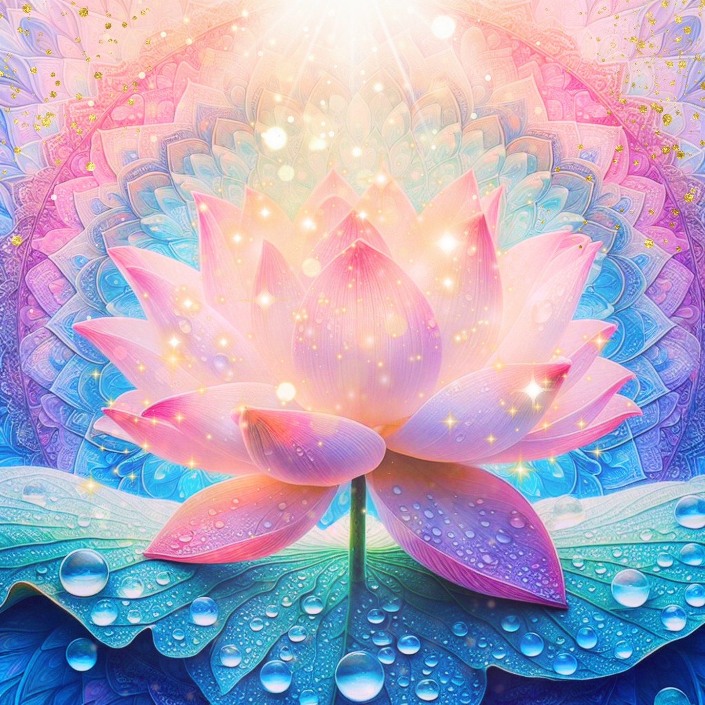 Ein mit Tautropfen bedeckter Lotus, vor einem pastellfarbenen Mandala, er glitzert in der Sonne.