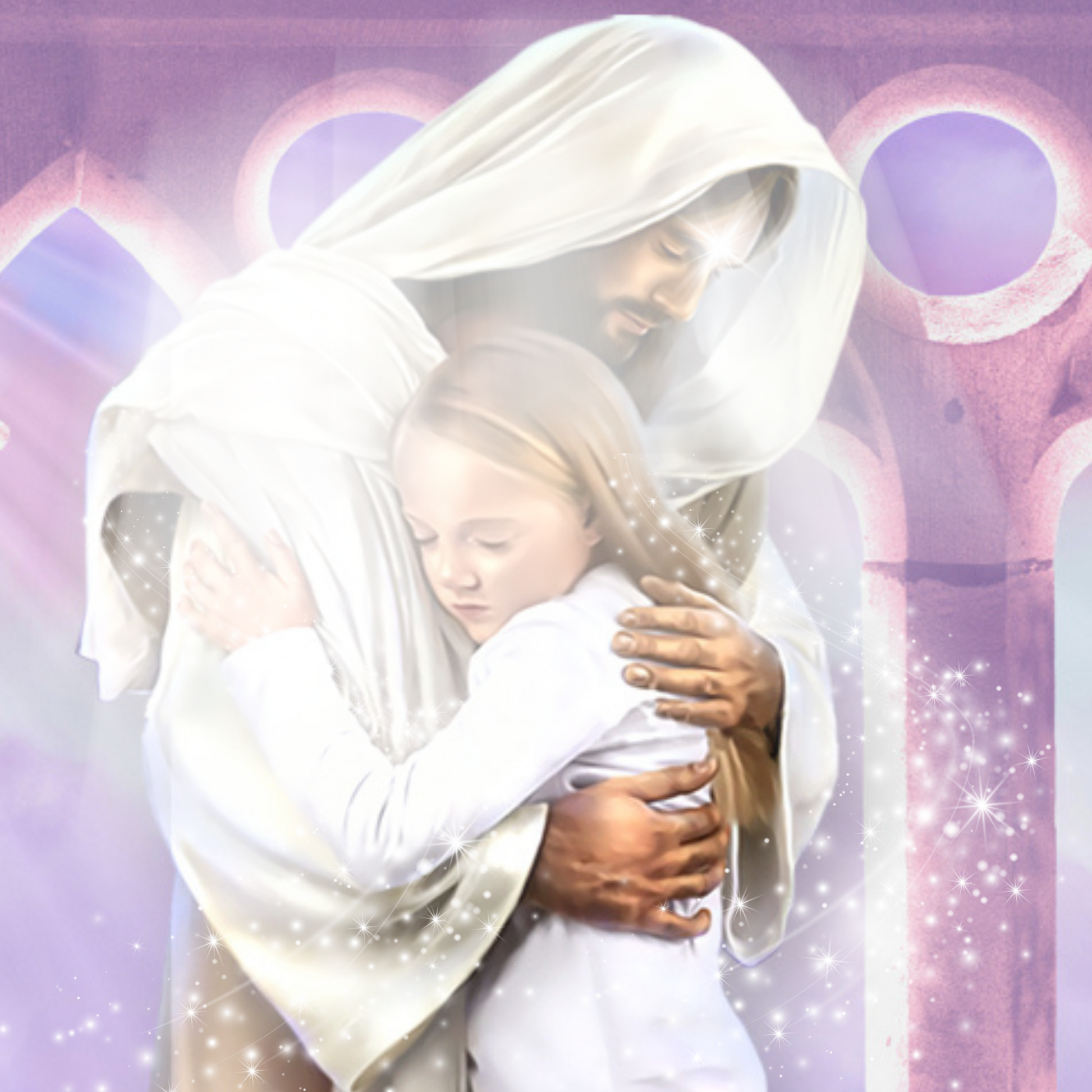 Jesus Christus nimmt ein kleines Mädchen in den Arm und tröstet sie. Er schickt ihr Liebe.
