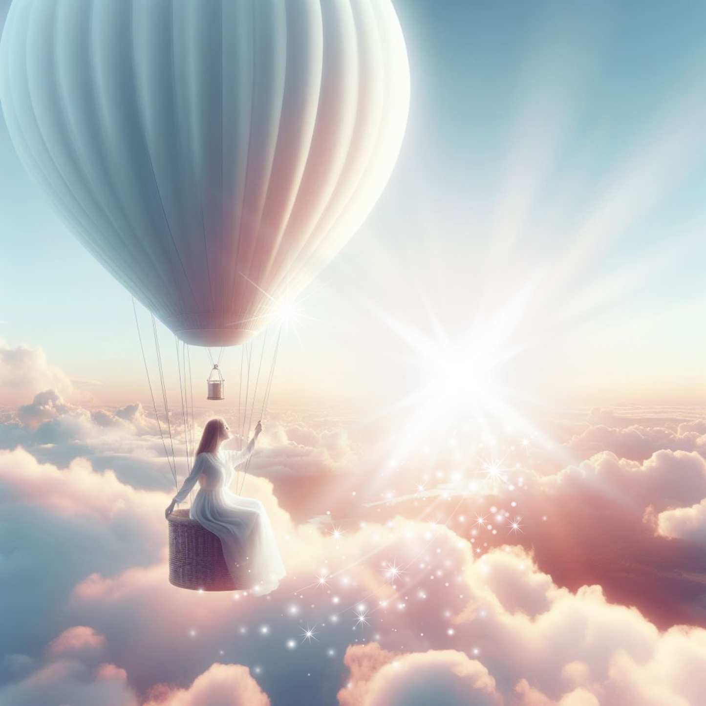 Ballonfahrt. Eine Frau sitzt am Rand des Heißluftballons und lässt die Füße in den Wolken schweben.