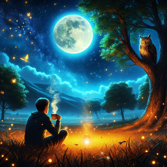 Vollmond am Nachthimmel, ein Mann trinkt heißen Tee im Gras vor einer Lampe, ein Uhu im Baum.