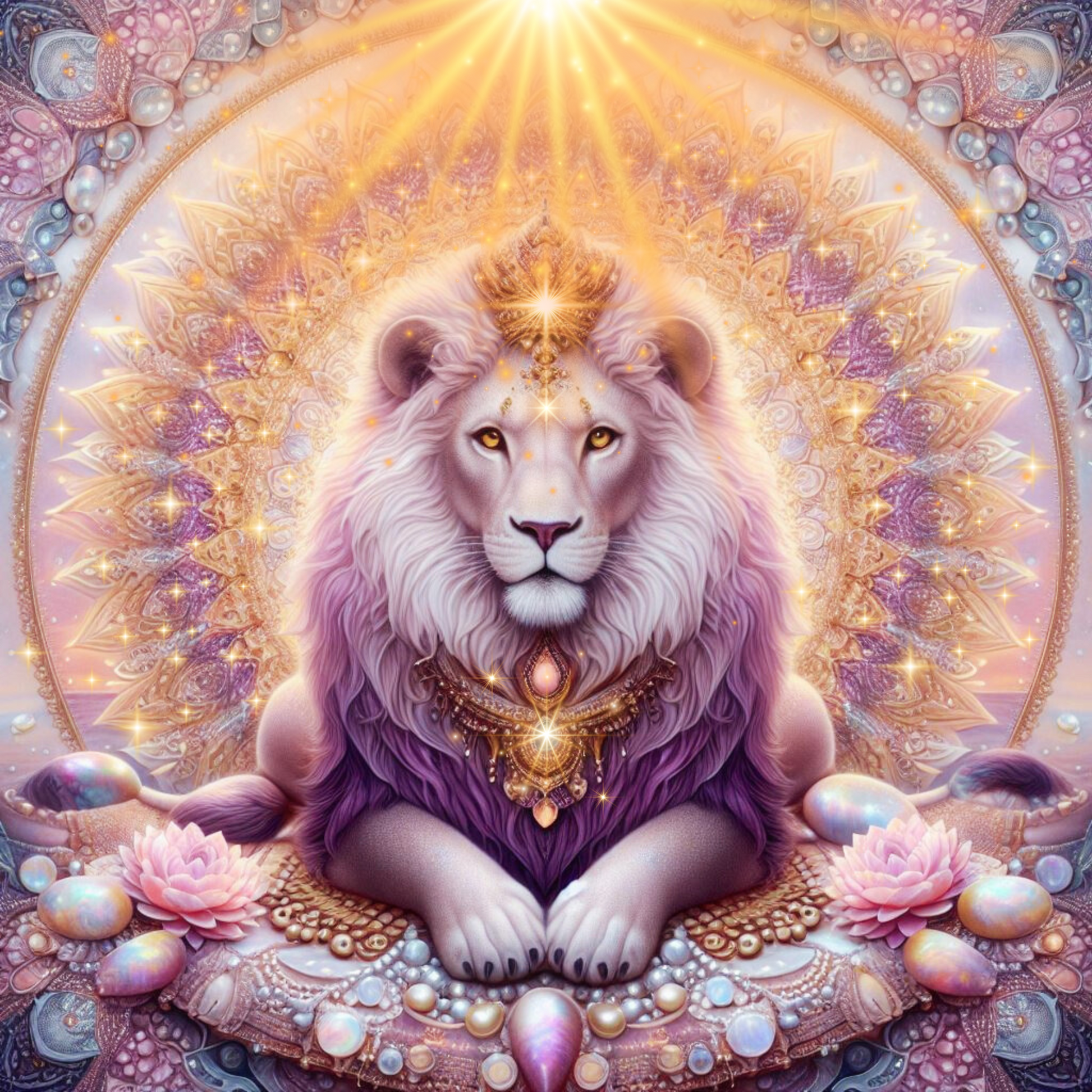 Löwe vor einem Mandala, er trägt Schmuck und eine Krone. Löwenkönig