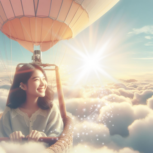 Asiatische Frau fährt Heißluftballon und schwebt über den Wolken dem Licht entgegen.
