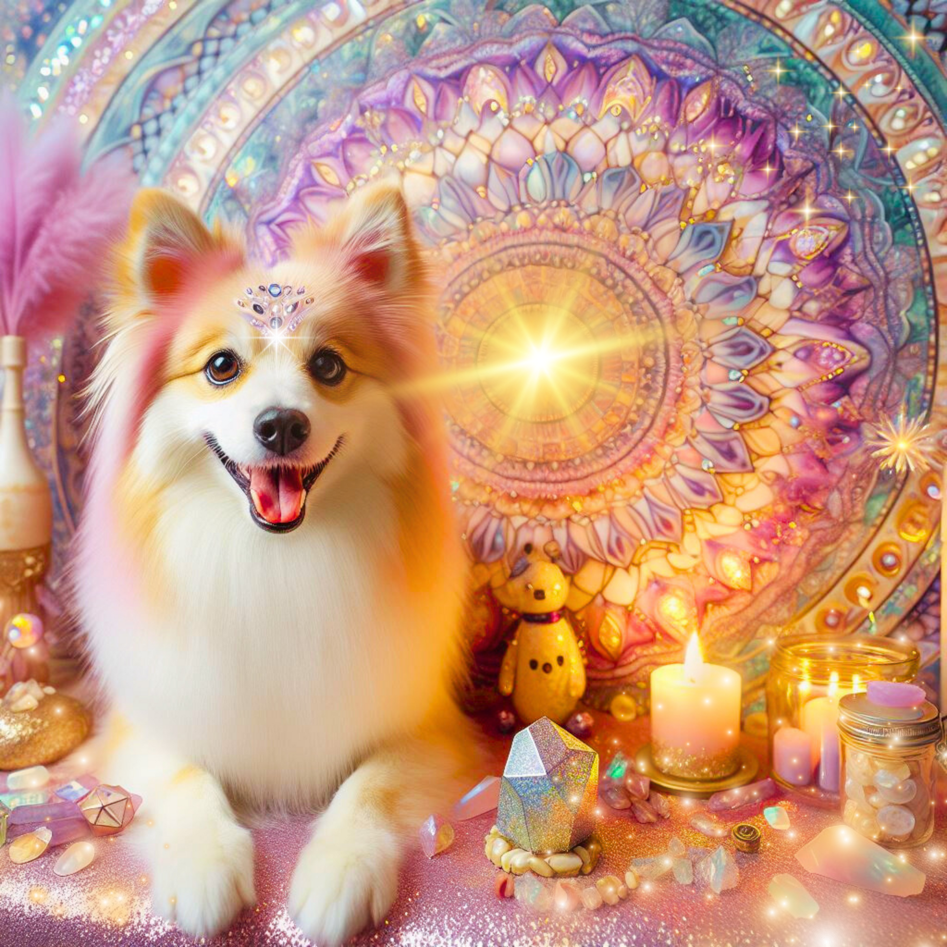 Ein Hund vor einem goldenen Mandala, eine brennende Kerze, Aura Kristalle und Heilsteine.