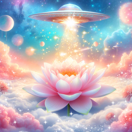 UFO über Lotusblüte die in Wolken schwebt