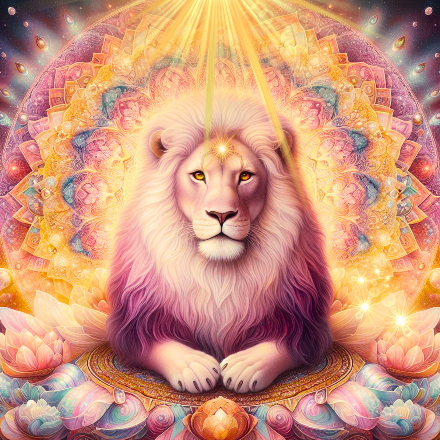 Löwe der auf einem Mandala sitzt, sein drittes Auge leuchtet golden.
